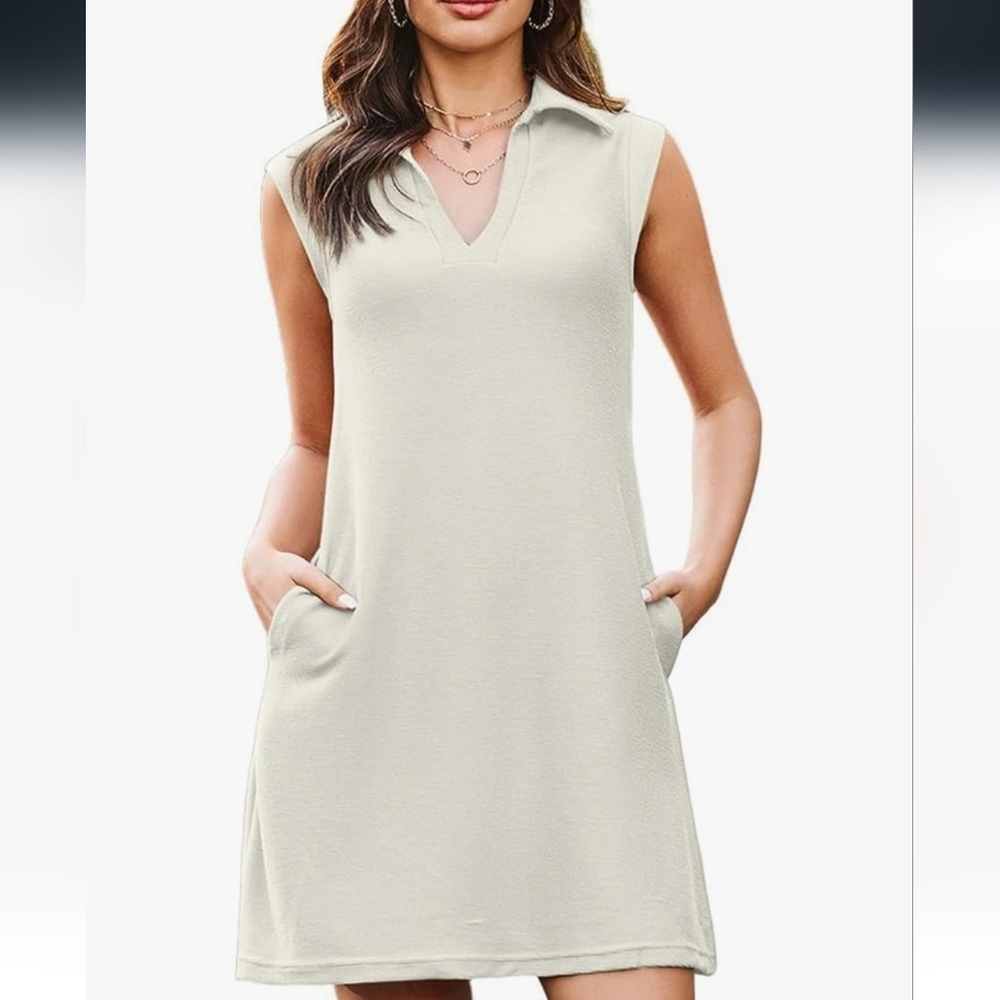 Sleeveless V-Neck Midi Dress with Pockets - Cream- brand new without tags